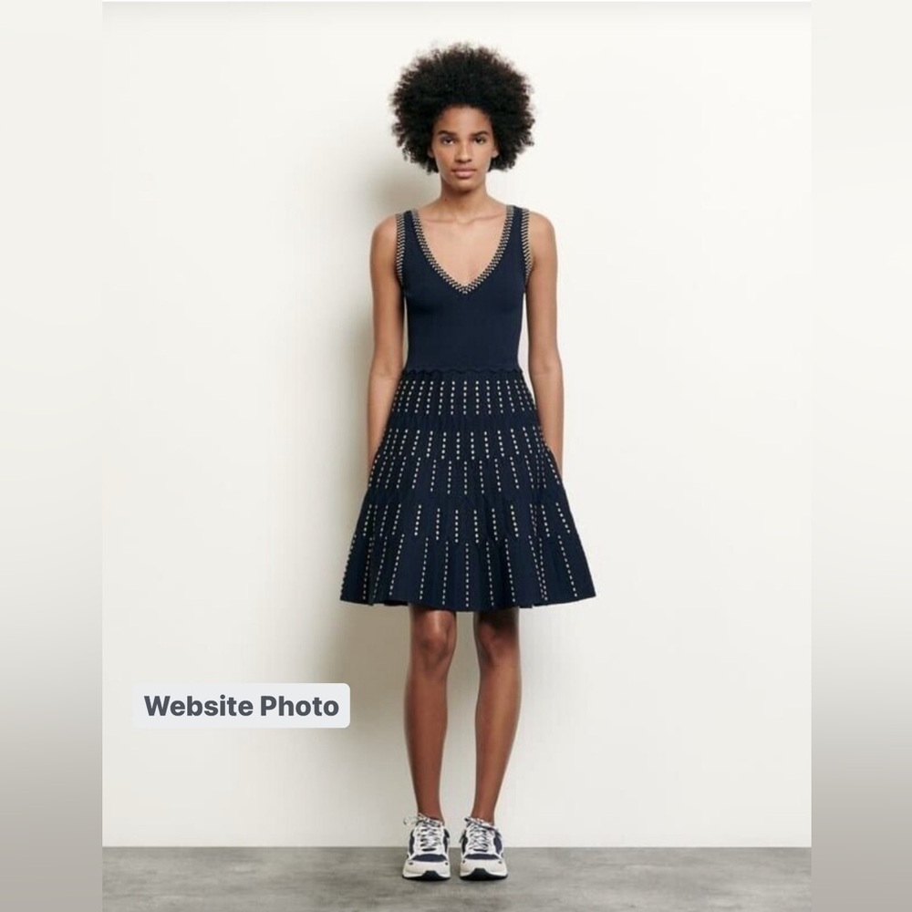 NWT Sandro Navy and Gold Knit Dress Size S